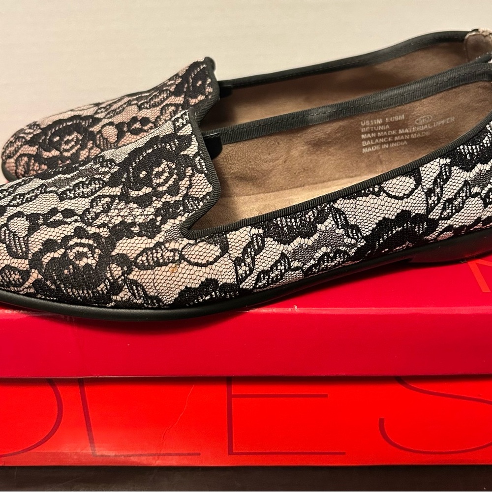AEROSOLES Black Lace-Overlay Slip-On Flats on Blush